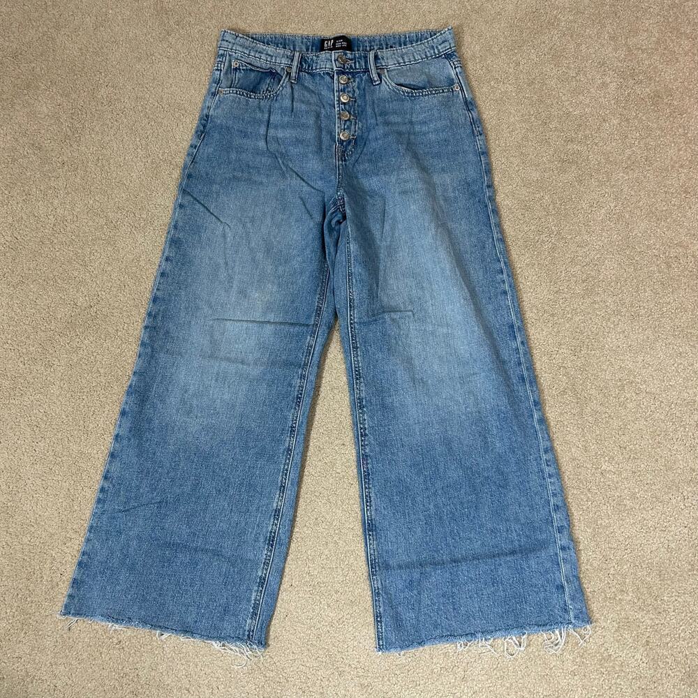 Gap Denim High Rise Wide Leg Jeans Medium Wash Blue Raw Hem Womens Size 12/31R